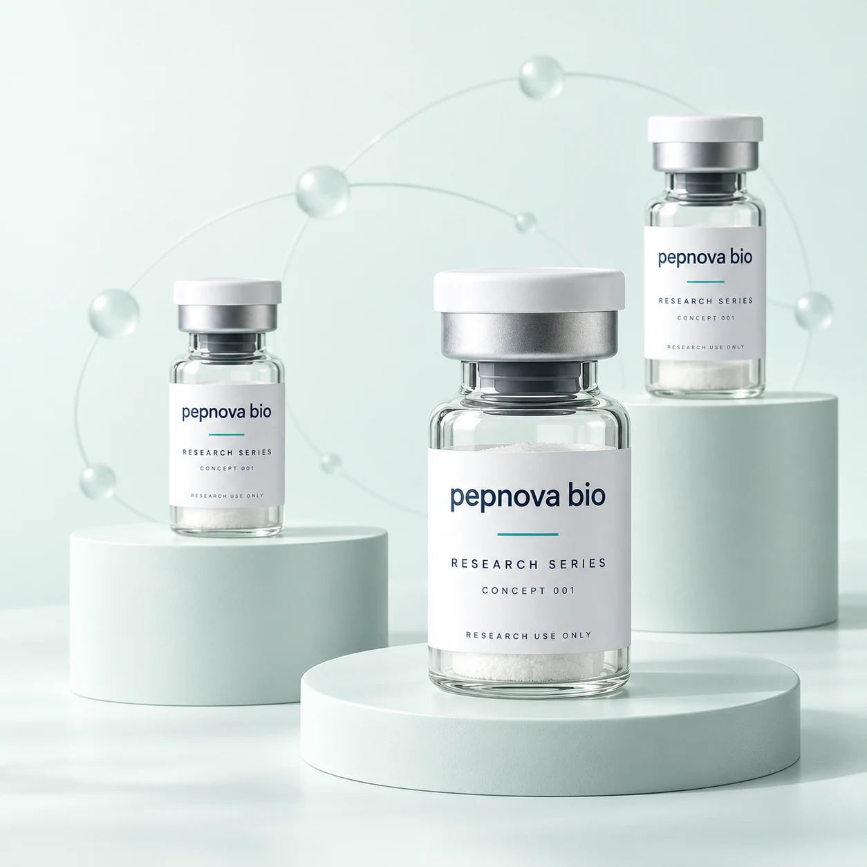 Original PepNova Bio packaging concept: three research vials on sculptural mint podiums